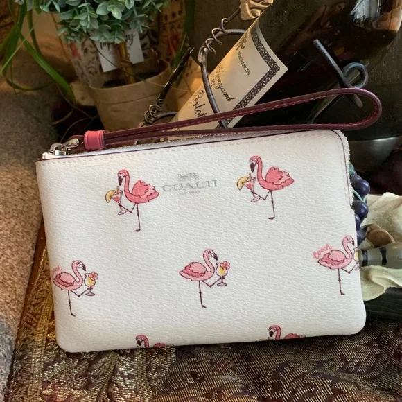 Authentic COACH Coated canvas /Smooth leather FLAMINGO top zip wristlet - Picture 1 of 9